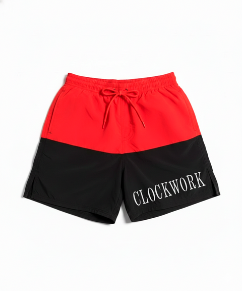 Red and black swimming trunks