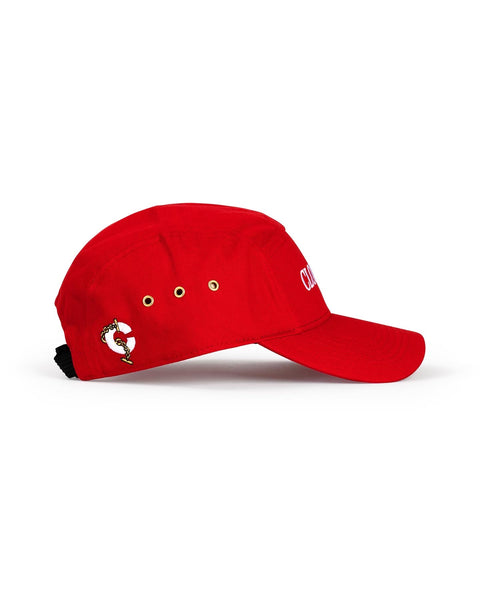 Red 5 panel hat  , camo brim